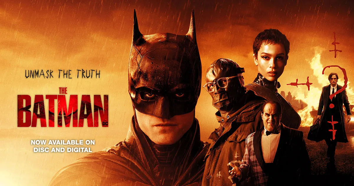 Arte oficial de The Batman (2022): o Batman de Robert Pattinson sob chuva, com Catwoman, Pinguim e Charada