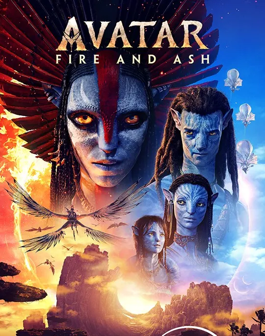 Pôster oficial de Avatar: Fire and Ash com a vilã Varang, a família Sully e as paisagens de Pandora