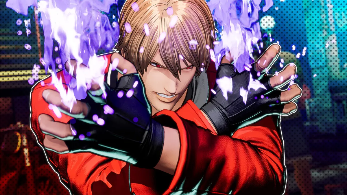 Rock Howard, protagonista de Fatal Fury: City of the Wolves, invocando chamas roxas com as duas mãos em cena de gameplay