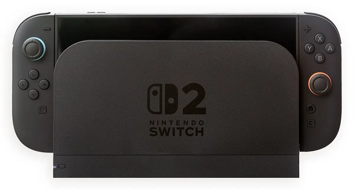 Console Nintendo Switch 2 encaixado no dock, com os Joy-Con 2 nas laterais