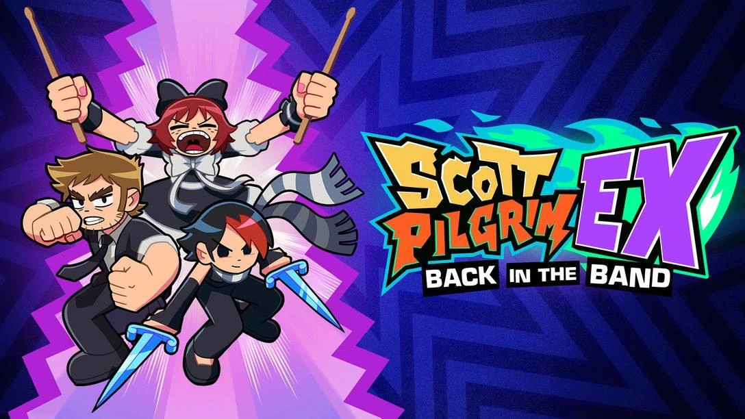 Arte em pixel art de Scott Pilgrim EX Back in the Band com Stephen Stills, Kim Pine e Knives Chau.