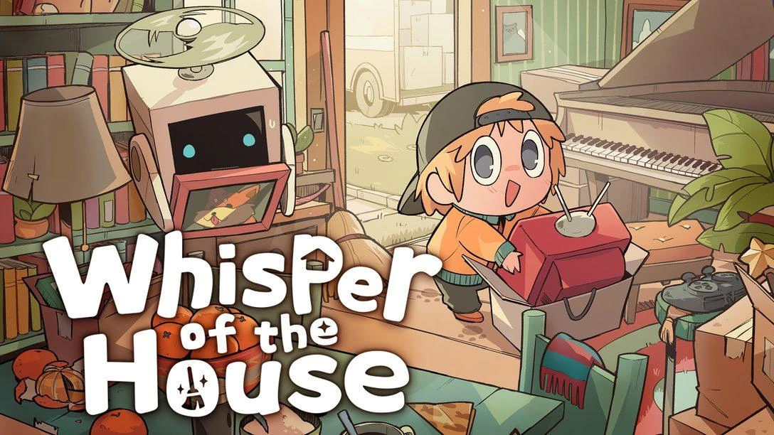 Ambiente em pixel art de Whisper of the House com móveis, plantas e objetos organizados em diferentes cômodos.