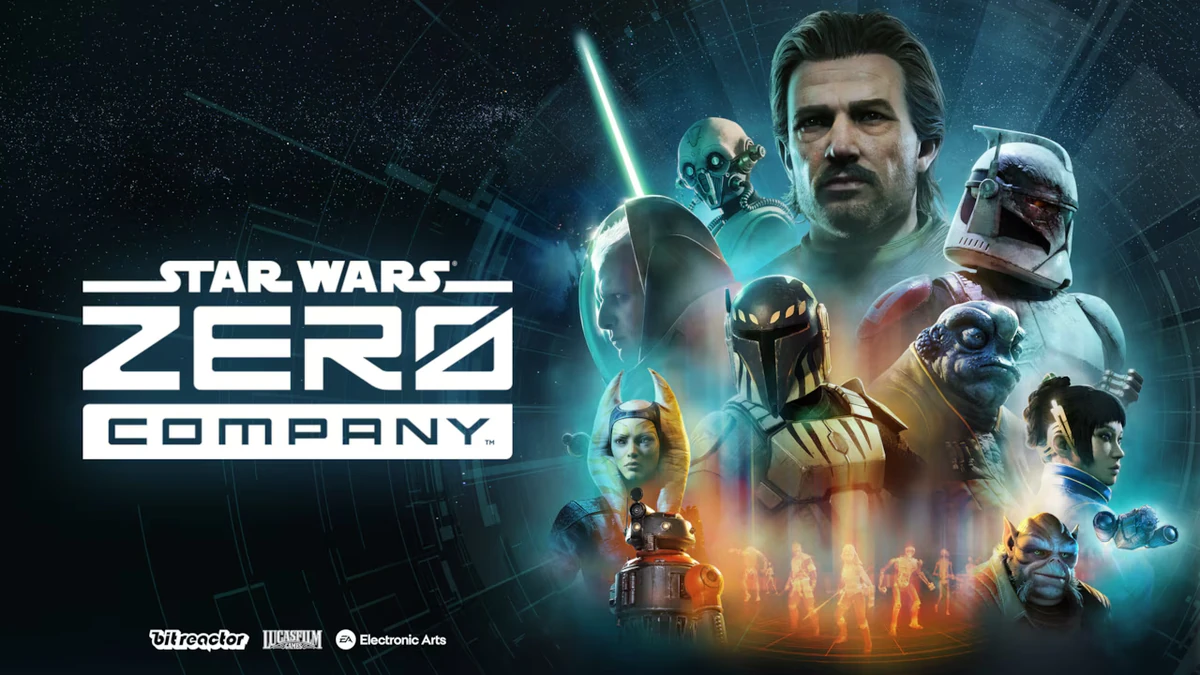 Arte oficial de Star Wars Zero Company com Hawks e integrantes do esquadrão reunidos diante do logotipo do jogo.